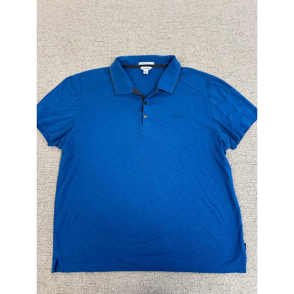 Calvin Klein Mens Liquid Cotton Polo Shirt Blue Short Sleeve Size L Slub Knit